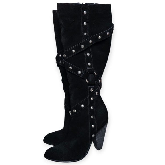 Carlos Santana Studded Heel Suede Boots, Black, Size 7M - Picture 1 of 16